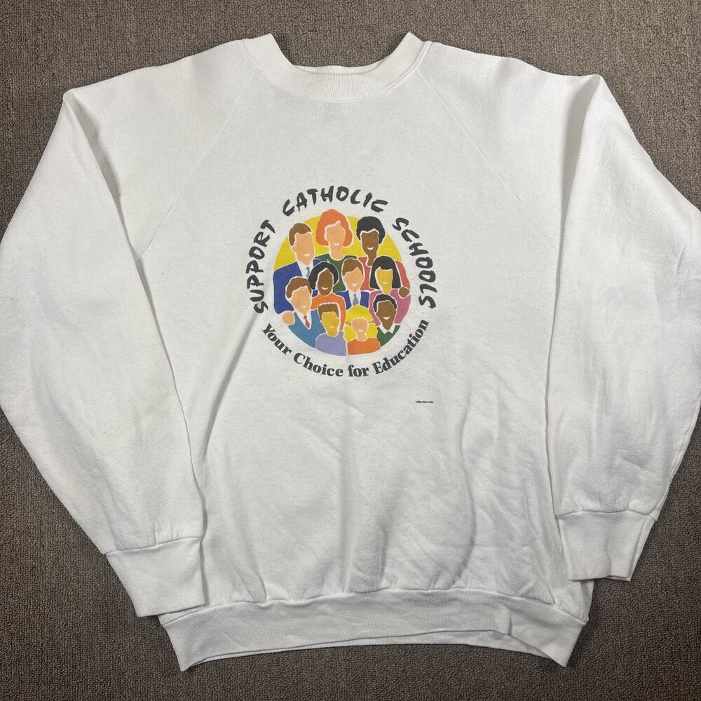 Vintage 90s Catholic School Education Sweatshirt Large White Clean